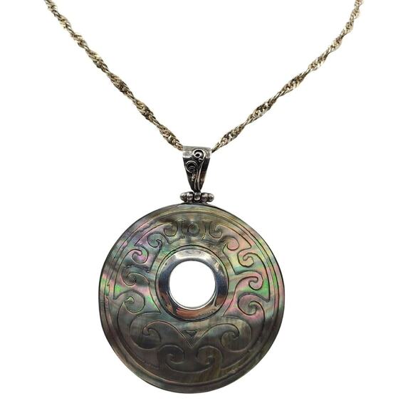 Sterling Silver Carved Shell Pendant Necklace Earrings 925 Abalone MOP Vintage - Picture 2 of 10